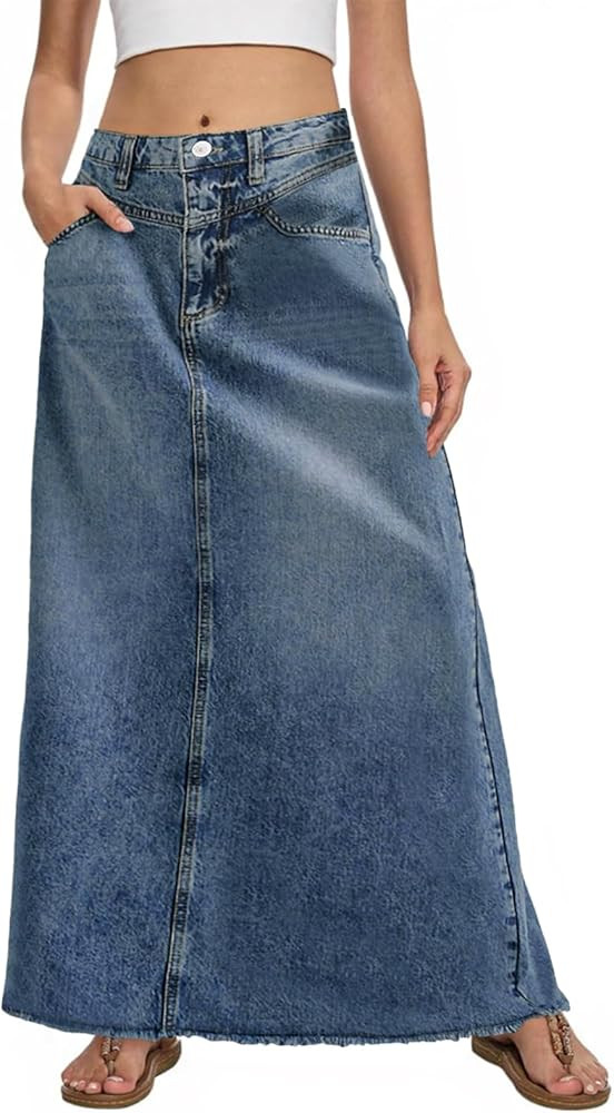 Fisoew Women's Vintage Denim Maxi Skirt Casual High Waist A-Line Frayed Hem Long Jean Skirt with ... | Amazon (US)
