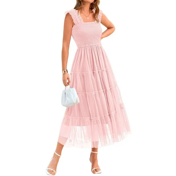 PRETTYGARDEN Women's Midi Tulle Dress Sleeveless Smocked Square Neck Ruffle Flowy Party Wedding G... | Walmart (US)