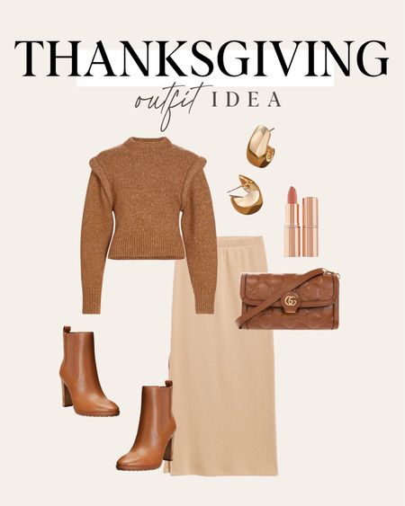 Thanksgiving outfit idea. I love this sweater skirt and mini gold huggies. 

#LTKHoliday #LTKstyletip #LTKover40