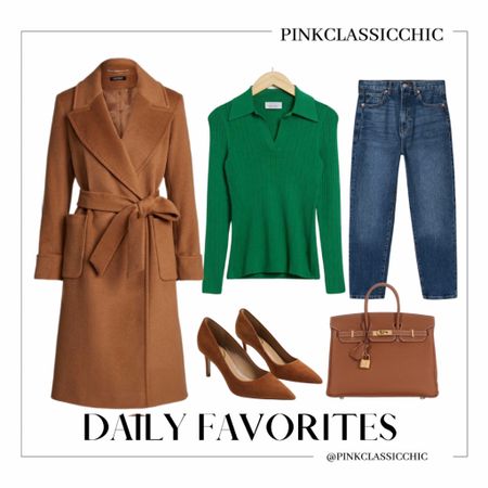 Green sweater, green outfit, camel coat, jeans, brown heels, Birkin 25, brown outfits, Hermes, gold Birkin, outfit styles, casual looks, casual styles, weekend outfits, weekend looks, winter coat, winter looks, winter outfits 

#LTKstyletip #LTKsalealert #LTKFind
