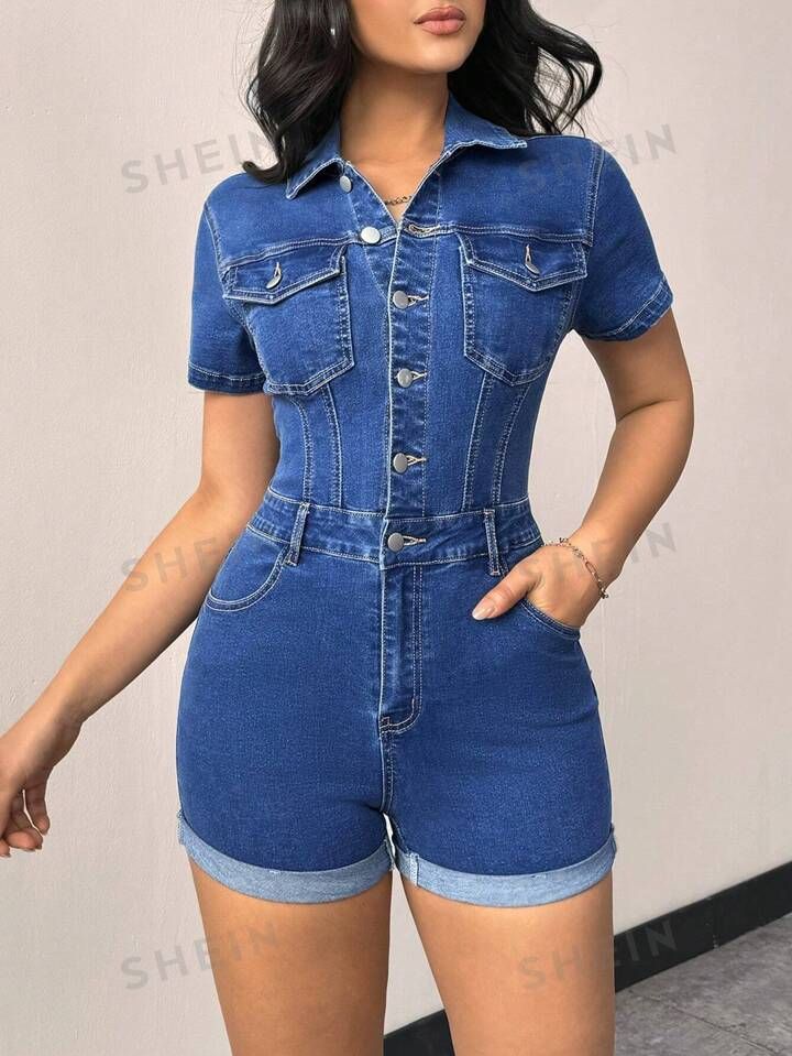 SHEIN Privé Blue Denim Jumpsuit Shorts With Single Breasted Closure | SHEIN