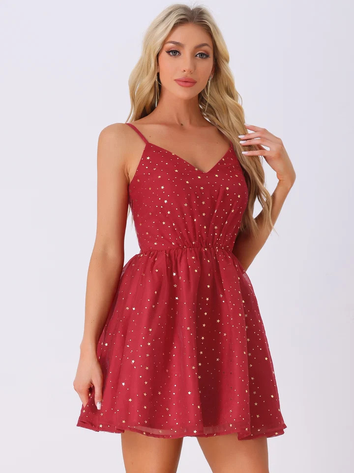 Spaghetti Strap Organza Fit and Flare Party Metallic Stars Mini Dress | allegra-k