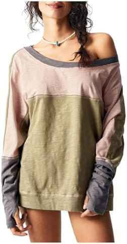Women's Oversized Boho Tops Off Shoulder Long Sleeve Color Block Casual T Shirt | Amazon (US)
