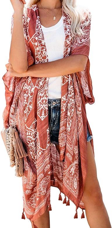 Dokotoo Womens Fashion Floral Print Swimsuit Kimono Tassel Casual Cardigan Loose Beach Cover ups | Amazon (US)