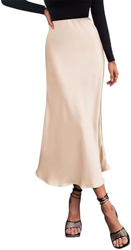 PRETTYGARDEN Saia feminina de cetim midi, elegante, casual, cintura alta, evasê, rodada, com bab... | Amazon (BR)
