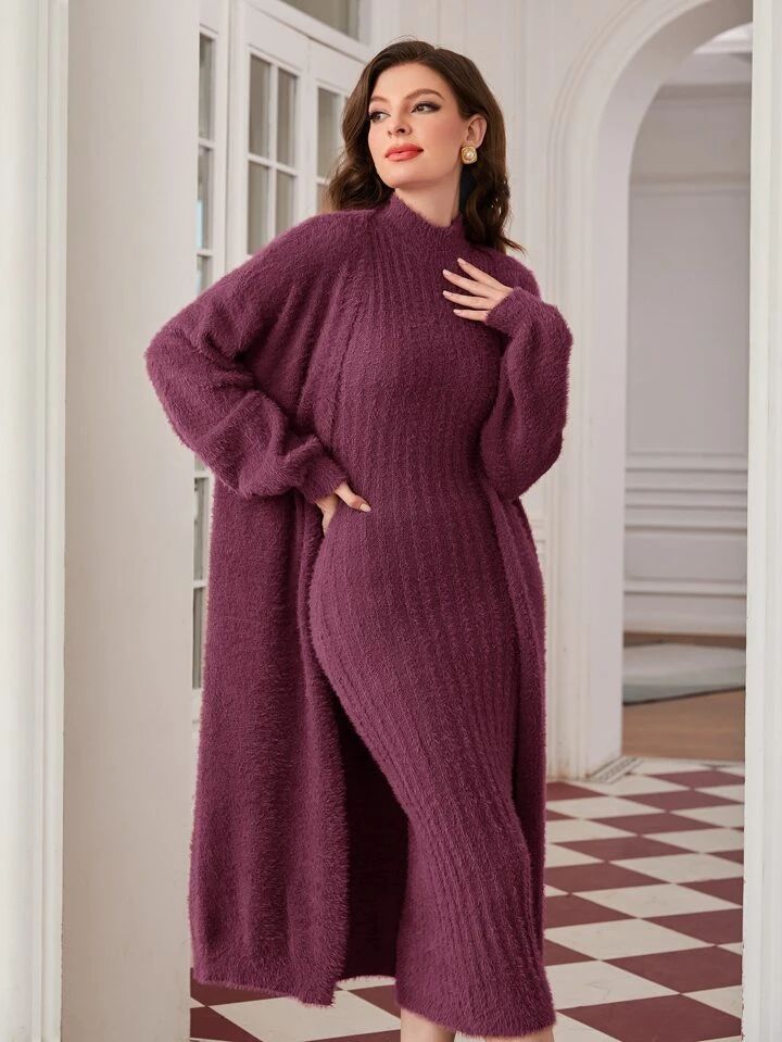 SHEIN Modely Mock Neck Sleeveless Sweater Dress & Cardigan | SHEIN