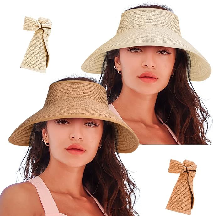 2 PCS Summer Straw Beach Sun Visor Ponytail Hats for Women Foldable Floppy Sun Hats | Amazon (US)