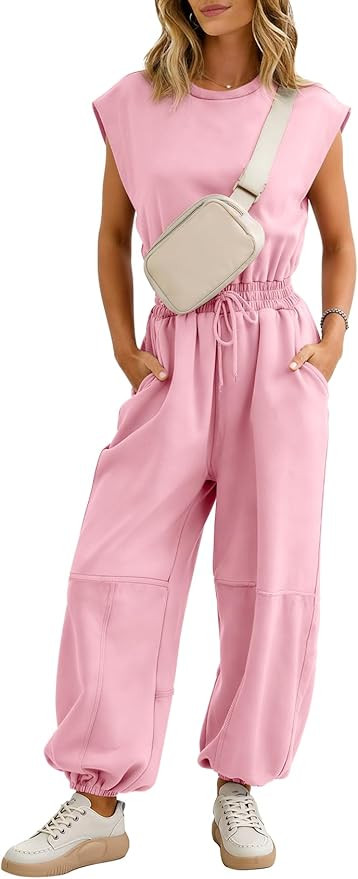 Flygo Womens Casual Jumpsuit Crewneck Cap Sleeve Long Wide Leg Pants One Piece Outfits Drawstring... | Amazon (US)