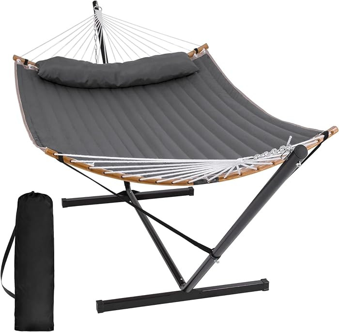 Double Portable Hammock with Stand, 2 Person Hammock with Curved Spreader Bar, Balance Ropes Incl... | Amazon (US)