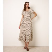 Women's Stone Linen Polka Dot Puff Sleeve Midi Dress Blue Vanilla New Look | New Look (UK)