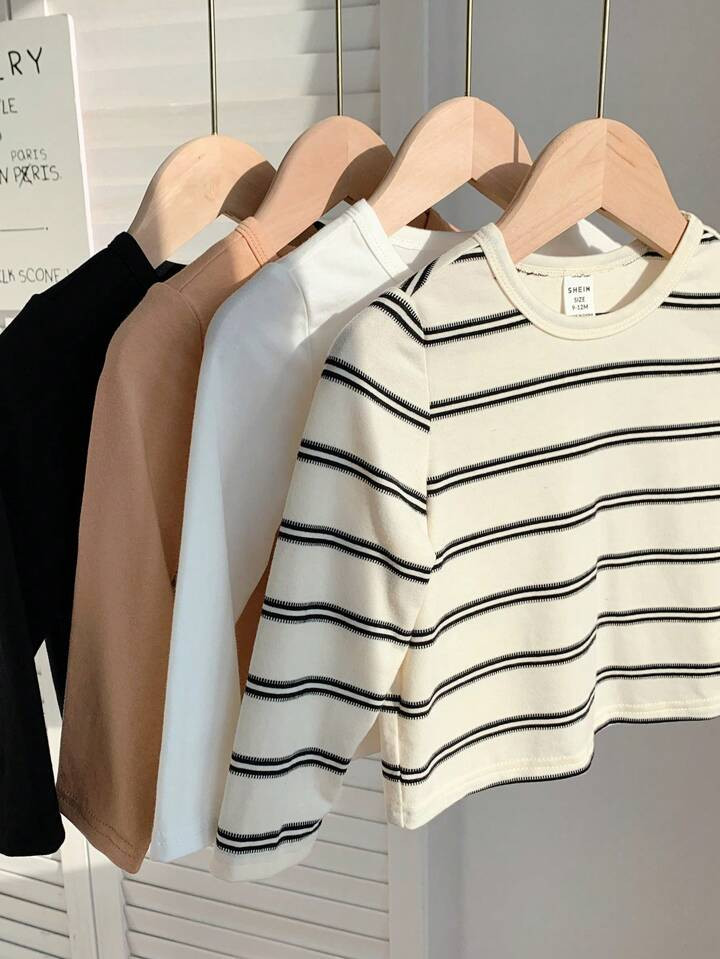 SHEIN 4pcs/Pack Baby Boy & Baby Girl Graphic T-Shirts - Black/White Casual Knit Long Sleeve Tops,... | SHEIN