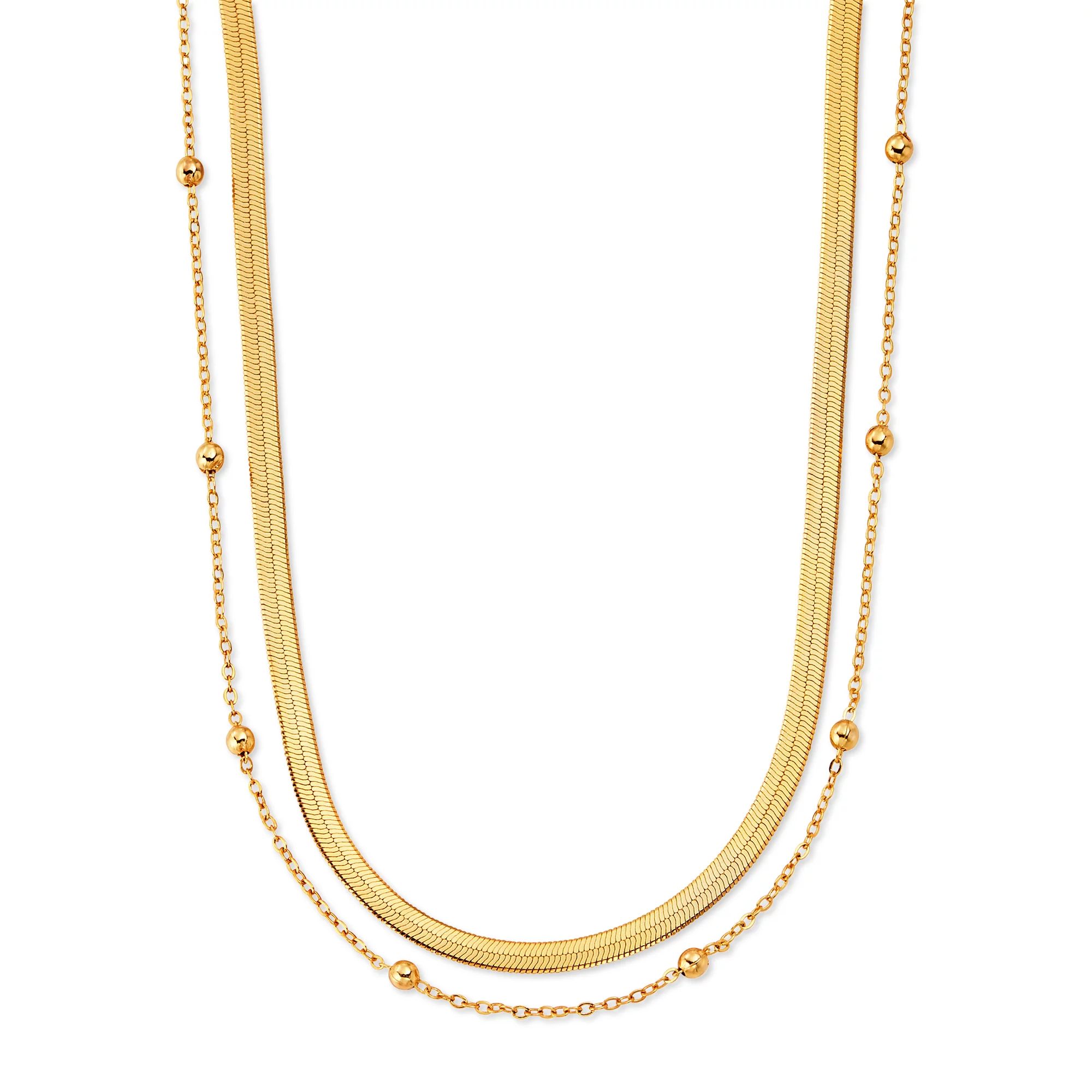 Scoop 14KT Gold Flash Plated Brass Double Layered Necklace, 15" + 3" Extender | Walmart (US)