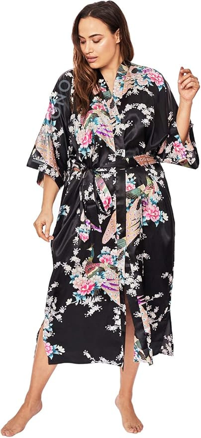 KIM+ONO Plus Size Women's Satin Kimono Robe Long - Floral | Amazon (US)