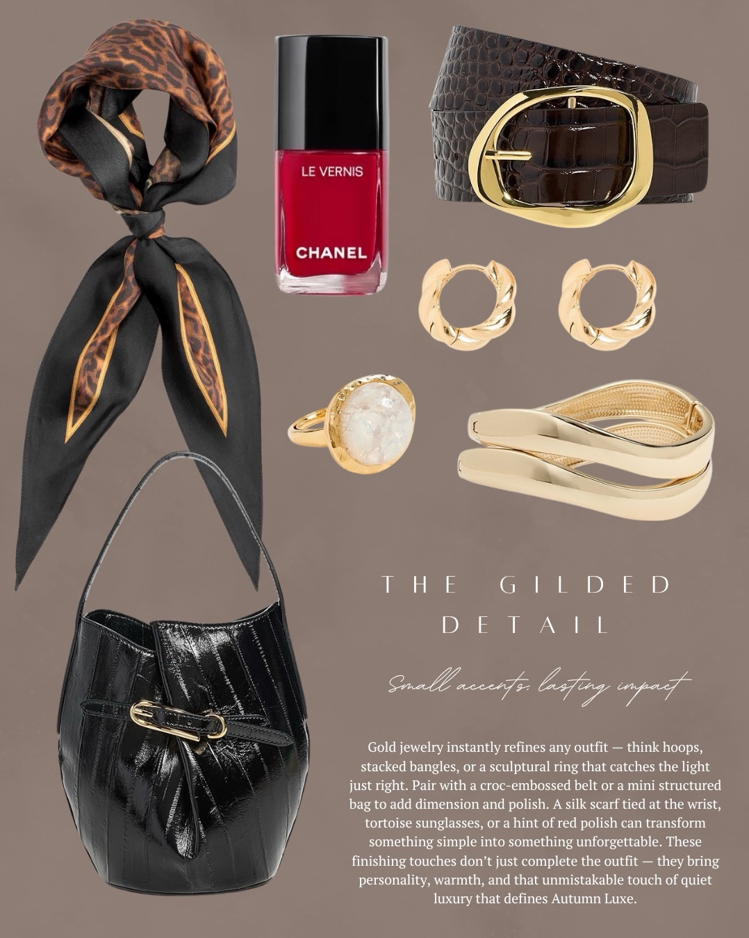 This week embraces the richness of fall with deep jewel tones, velvet accents, gold jewelry, and elevated staples like silk blouses and wide-leg trousers. It’s about luxurious textures and a more dressed-up approach to seasonal dressing—polished, opulent, and timelessly chic. I found some amazing accessories that are so chic—handbag, silk scarf, croc embossed belt, jewelry and a red nail polish that will all elevate any fall outfit! I also have 4 pieces that will help you create so many fall outfits: faux leather blazer, velvet pants, silk shirt and booties. Lastly I have two beautiful velvet blazers at different price points! Both have amazing details and will be the perfect last touch to any outfit this fall. All items linked ⬆️

#ltkcreator #ltkfinds #ltkwatchnow #fall #fallfashion #falloutfits #handbag #silkscarf #jewelry #zara #zarafinds #blazer #velvet #suede 

#LTKStyleTip #LTKSeasonal #LTKFindsUnder100