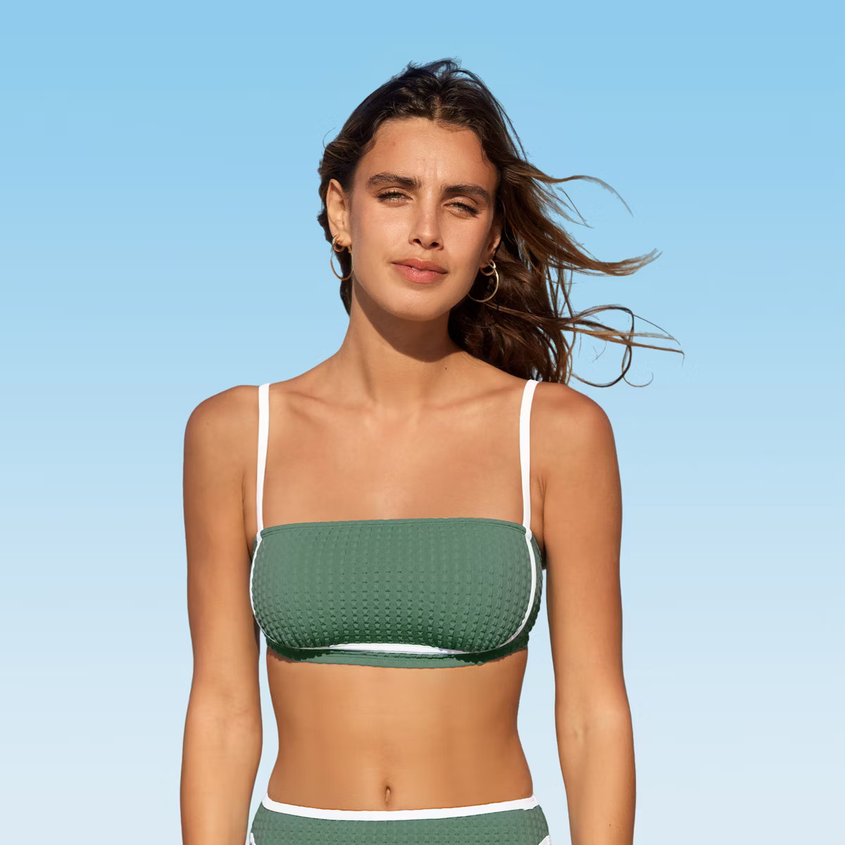 Women's Chic Green/Black Textured Contrast Trim Bikini Top - Cupshe-XS-Green | Target