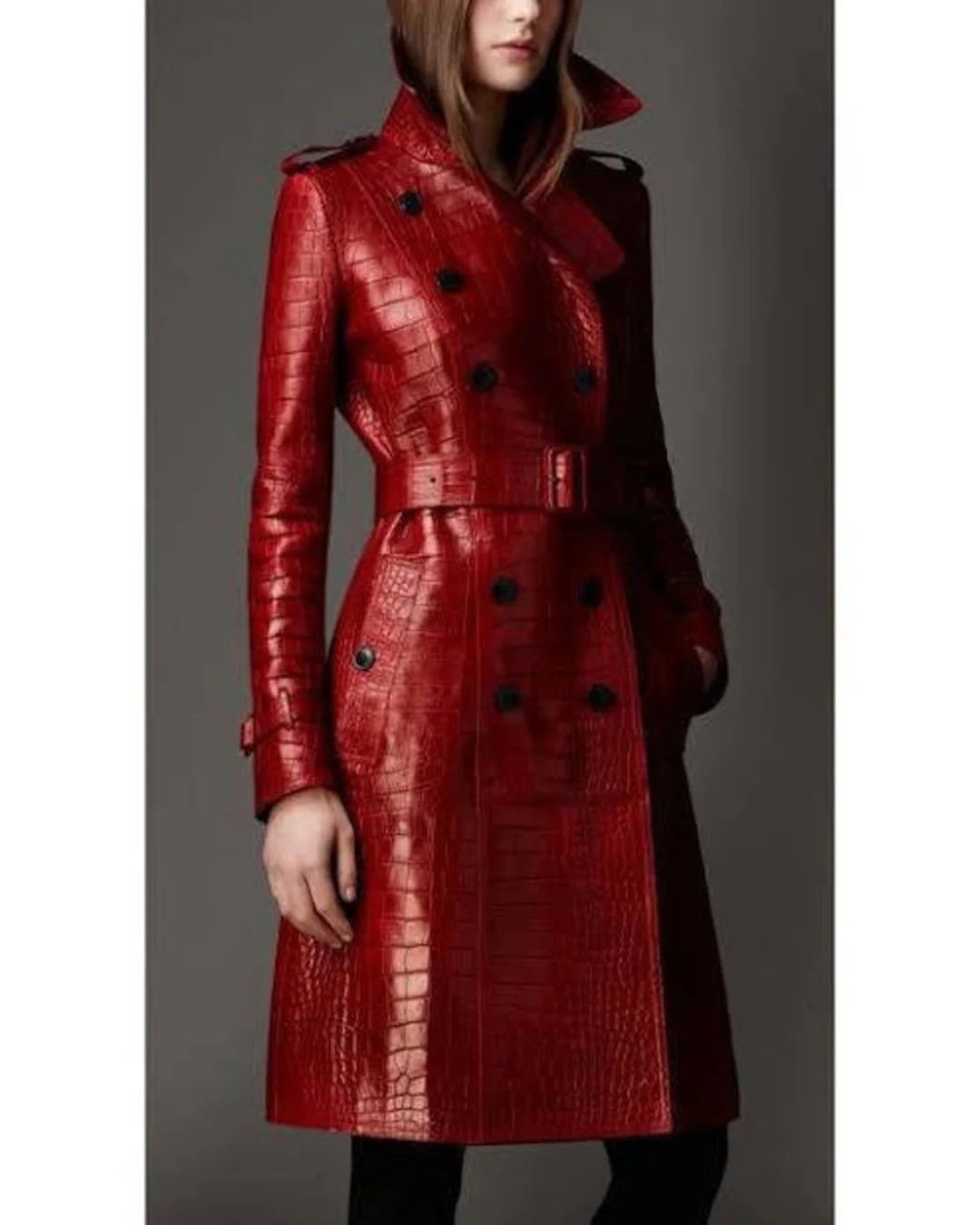 Women Red Crocodile Print Solid Double Breasted Leather Trench Coat, Women Red Alligator Embossed... | Etsy (US)