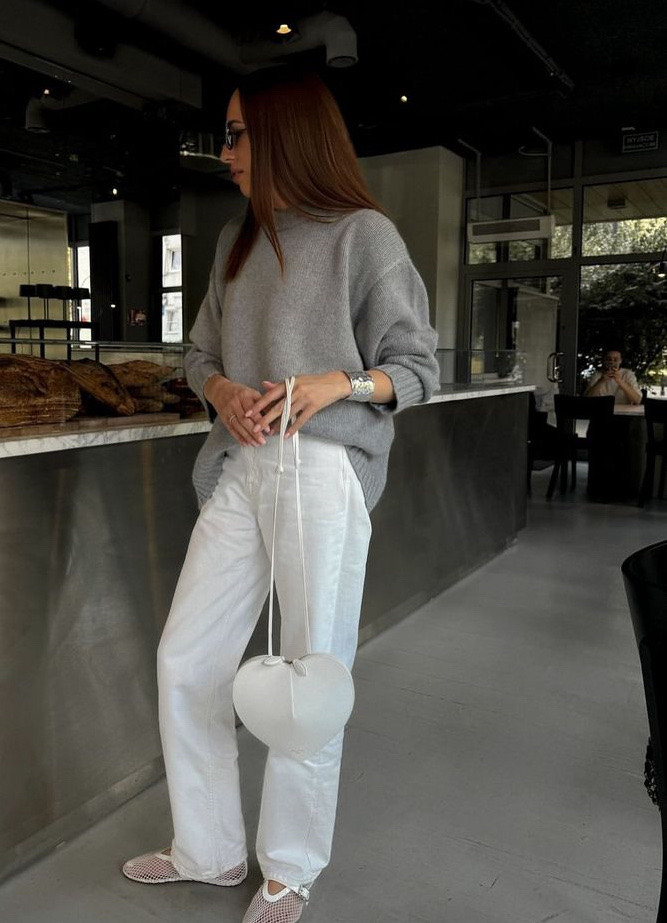 Fall outfit 
Grey sweater 
White pants 
White mesh  flats
White heart bag 
Silver bangle 

#LTKWorkwear #LTKTravel #LTKStyleTip