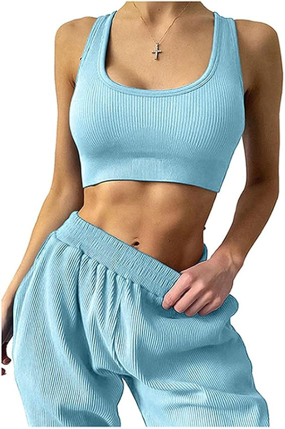 Mulisky Seamless Workout Sets for Women 2 Piece Ribbed High Waist Sport Jogger Sweatpants with Po... | Amazon (US)
