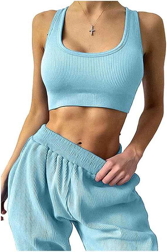 Mulisky Seamless Workout Sets for Women 2 Piece Ribbed High Waist Sport Jogger Sweatpants with Po... | Amazon (US)