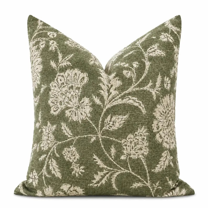 Green Block Print Pillow Cover, Moss Floral Chintz Cushion Case | Etsy (Global)
