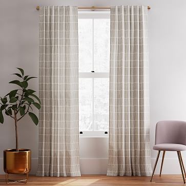 Cotton Canvas Line Lattice Curtain (Set of 2) - Stone Gray | West Elm (US)