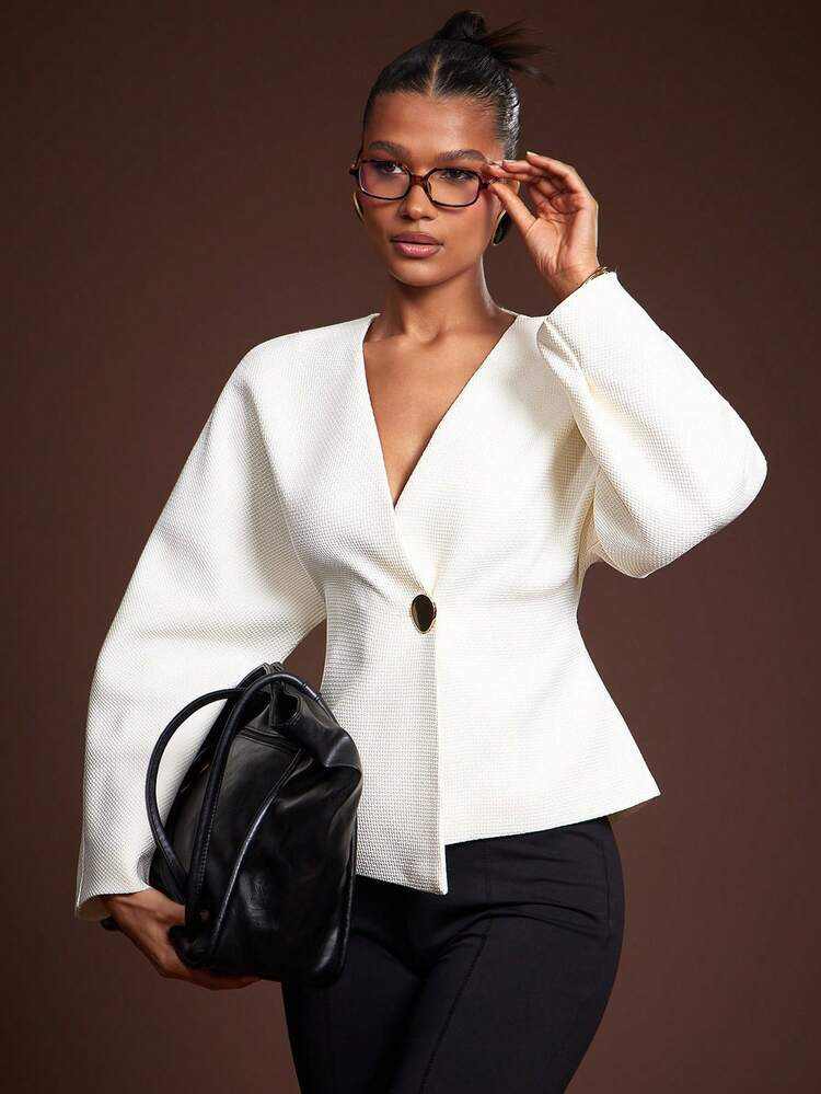 Hauture Women's Office Casual Elegant Low Front Neck With Barrel Sleeves Tweed Blazer | SHEIN