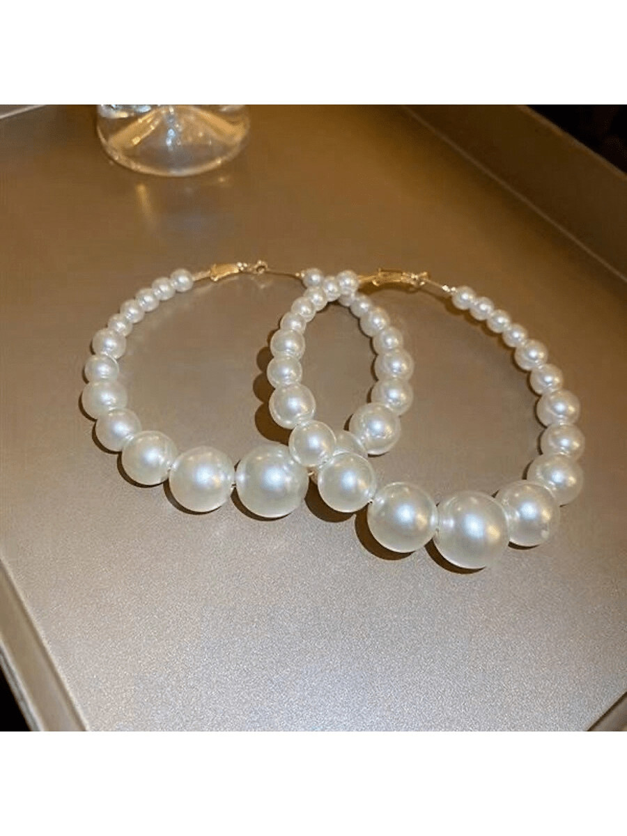 1 Pair Bohemian Style Oversized Pearl Hoop Earrings, Fashionable High-End Elegant Hoop Earrings S... | SHEIN