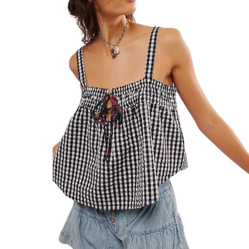 Women Gingham Tie Front Top Y2k Tank Tops Plaid Cropped Vest Cute Summer Tops Black S | Amazon (US)