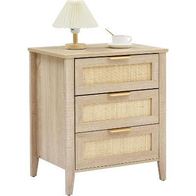 Rattan Nightstand, Boho Nightstand with 3 Natural Rattan Drawers, Bedside Table with Sturdy Wood Legs for Bedroom, Living Room, Natural | Target