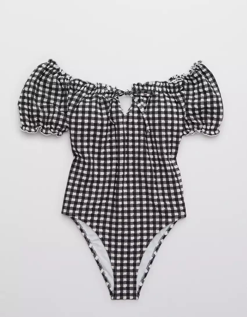 Aerie Gingham Puff Sleeve One Piece Swimsuit | American Eagle Outfitters (US & CA)