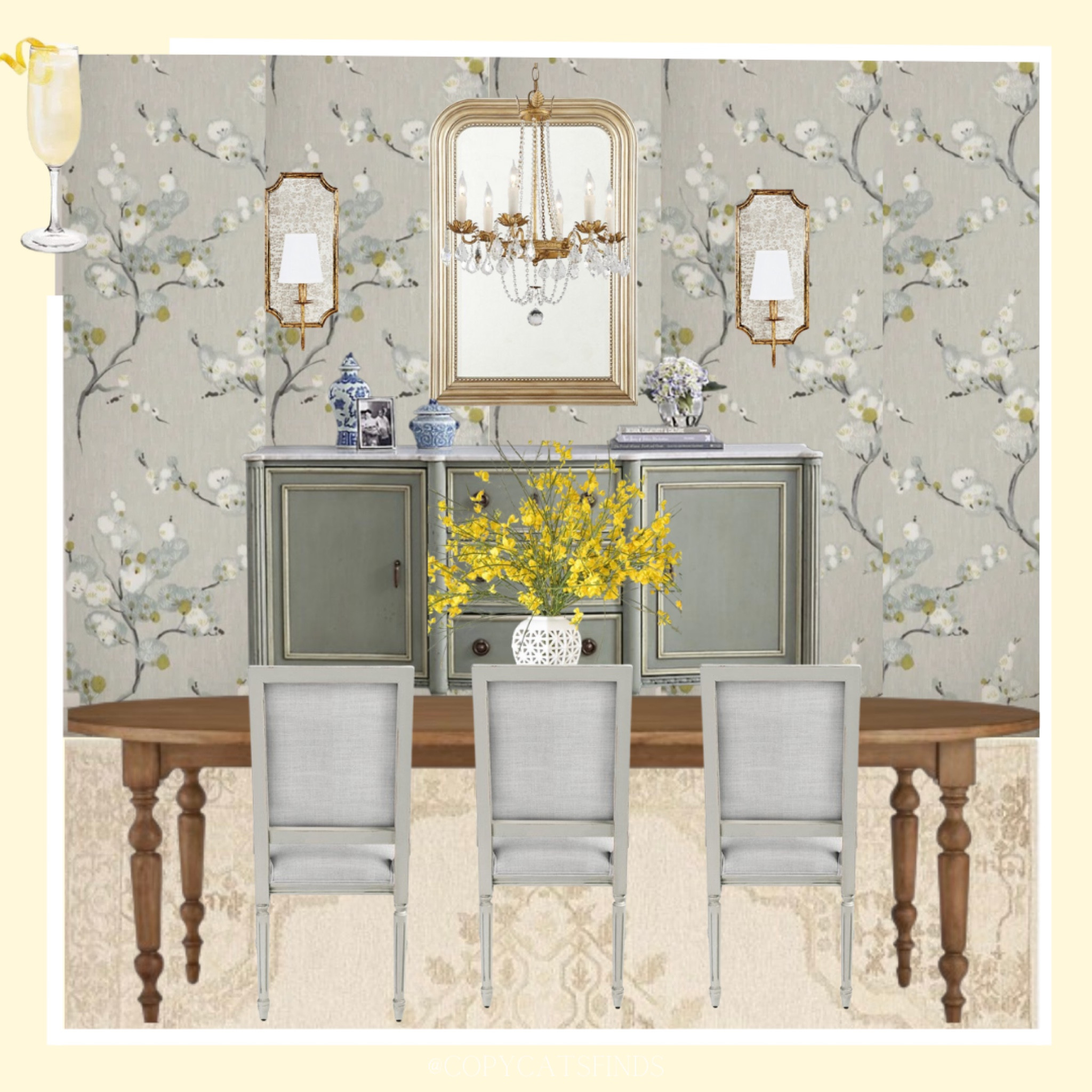 Up next with ….. “If A Room Were A Cocktail” 🥂 

The French 75…. Refined, tasteful, and classic 


.
.
.
Home decor, room design inspo, wallpaper, mirrors, chairs, dining room table, French design, dining room inspiration

#LTKHome