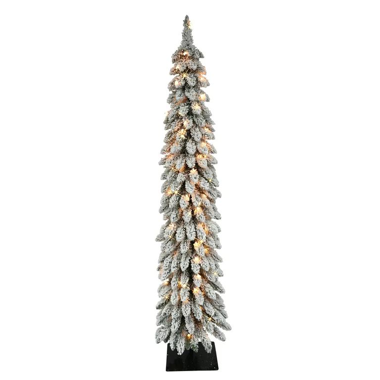 Pre-Lit 5' Flocked Pencil Alpine Artificial Christmas Tree with 70 Lights, Green | Walmart (US)