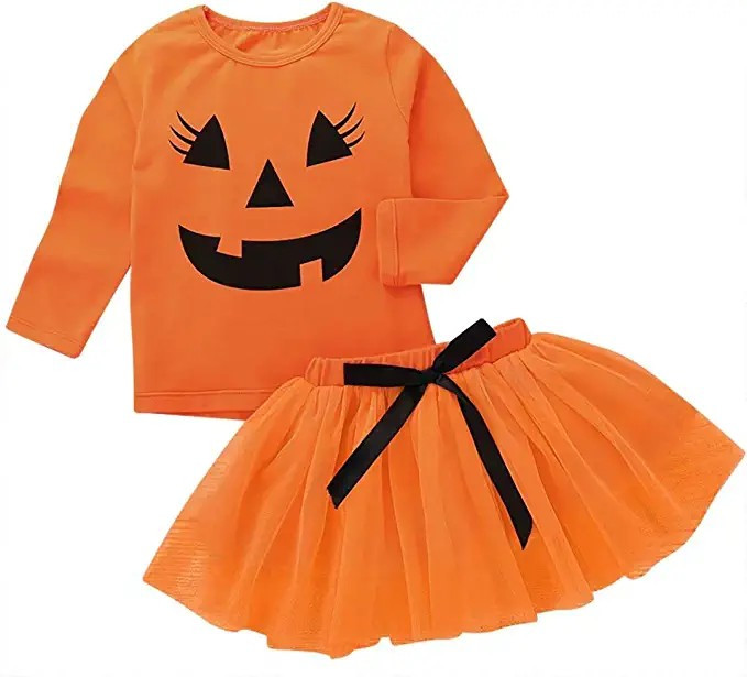2Pcs Halloween Toddler Baby Girl Smile Pumpkin Tops+Tutu Tulle Skirt Outfits Long Sleeve Clothes | Amazon (US)