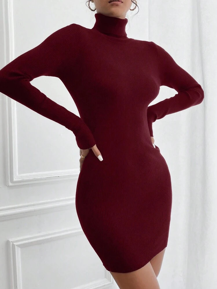 SHEIN Essnce Solid Color Turtleneck Slim Fit Elegant Long Sleeve Sweater Dress | SHEIN