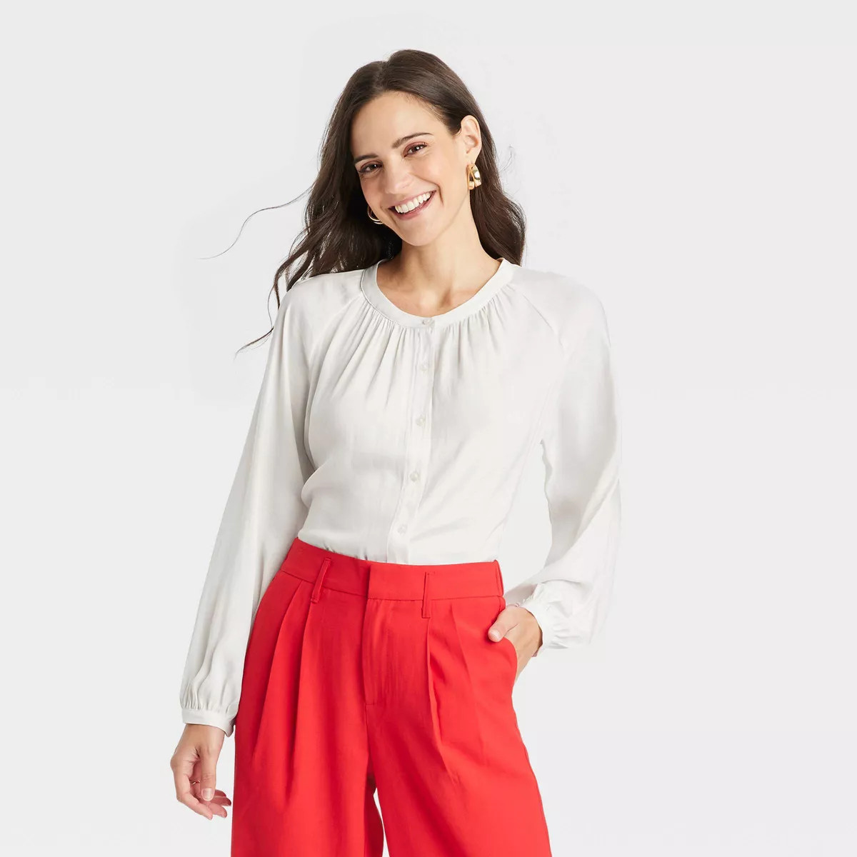 Women's Balloon Long Sleeve V-Neck Blouse - A New Day™ Green 1X | Target