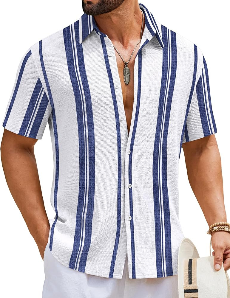 COOFANDY Mens Short Sleeve Casual Shirts Button Down Striped Summer Shirts Textured Vacation Beac... | Amazon (US)