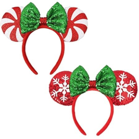 Christmas Mouse Ears Bow Headband Hair Hoop for Women Girls, Glitter Snowflake Hair bands Hair Acces | Amazon (US)