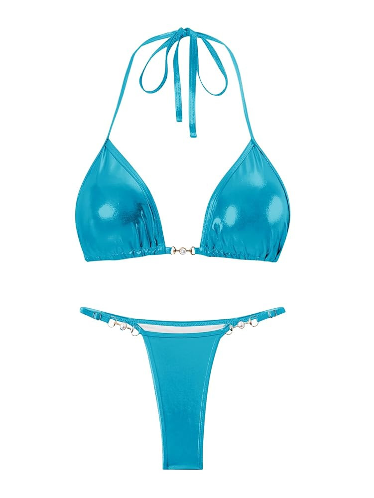 Women's Metallic Triangle Halter Bikini Sets Shiny Tie Back Pearl String Two Piece Swimsuit Bathi... | Amazon (US)