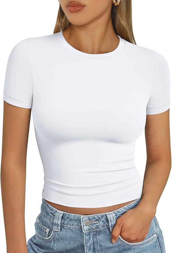 AUTOMET Womens Short Sleeve T Shirts Basic Summer 2025 Workout Tops Crew Neck Gym Crop Tops Trend... | Amazon (US)