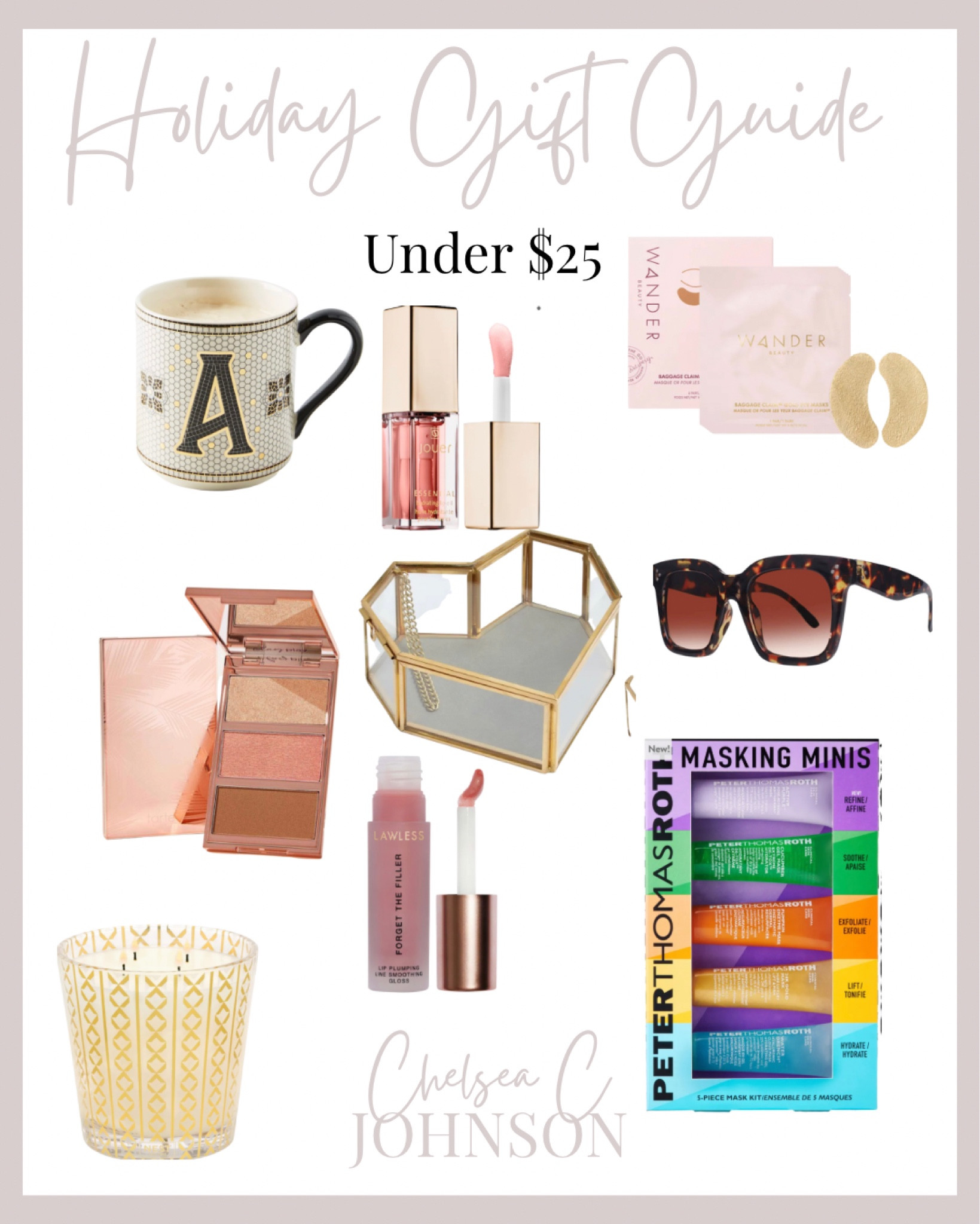 Anthro coffee cup
Eye masks
Jewelry case
Face masks
Tarte face palette 
Nest candle
Lawless lip gloss
Lip oil
Sunglasses 


#LTKHoliday #LTKunder50 #LTKbeauty