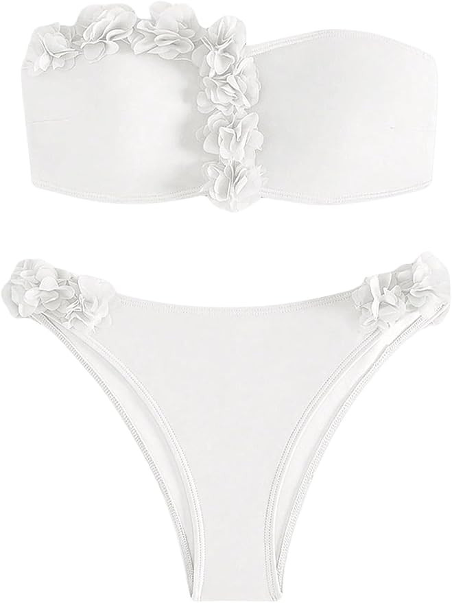 Women's 2 Piece Bikini Set Solid 3D Floral Bandeau Bikini Set High Cut Bikini Swimsuit Bathing Su... | Amazon (US)