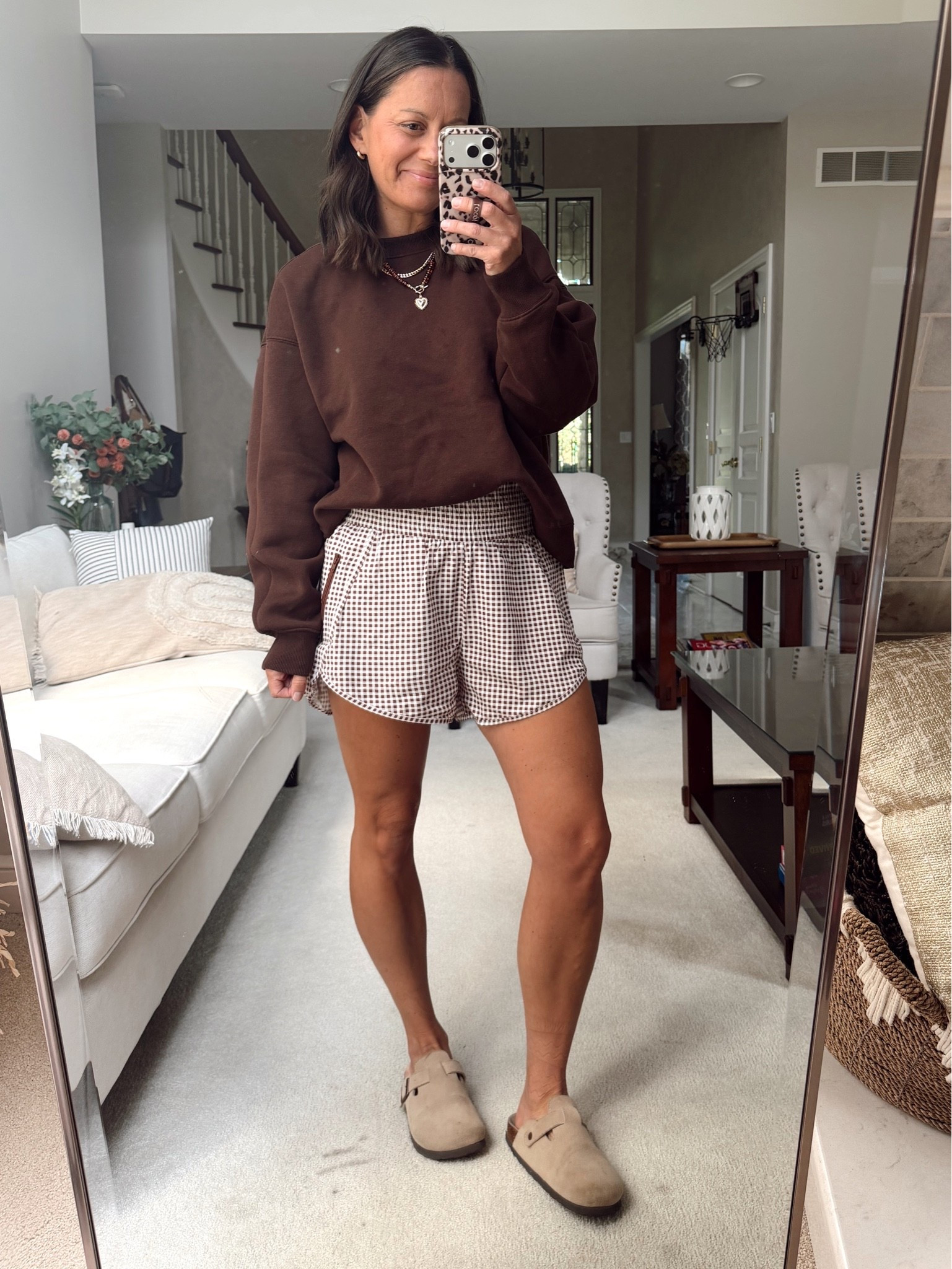 Early fall outfit idea with these Amazon running shorts! Love the gingham print - they run true to size. $13 Walmart sweatshirt looks great with them!

#LTKmomlife #LTKActive #LTKOver40