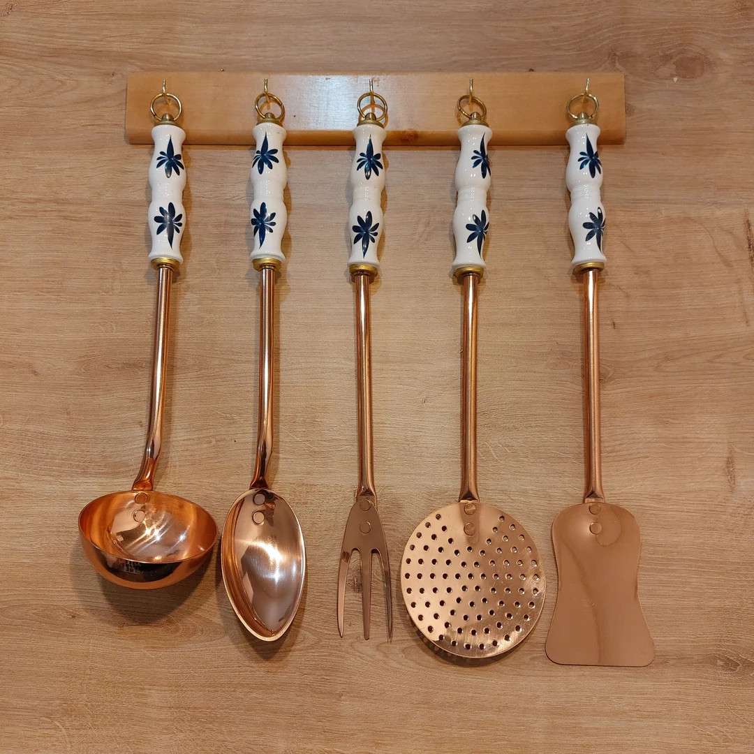 Copper Kitchen Utensil Set Of 5 With Holder / Porcelain Handle / Kitchen Utensils / Vintage Coppe... | Etsy (US)