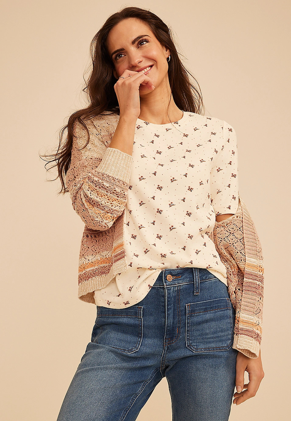 24/7 Floral Ribbed Elbow Sleeve Tee | Maurices