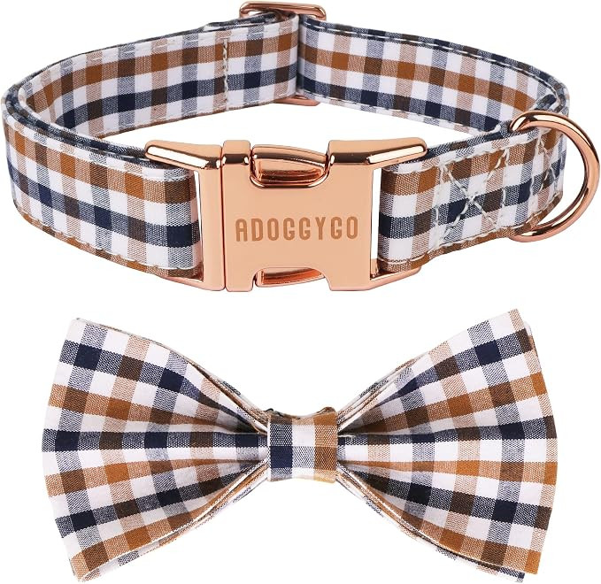 ADOGGYGO Fall Plaid Dog Collar Boy Girl, Brown Dog Bow Tie Collar, M | Amazon (US)