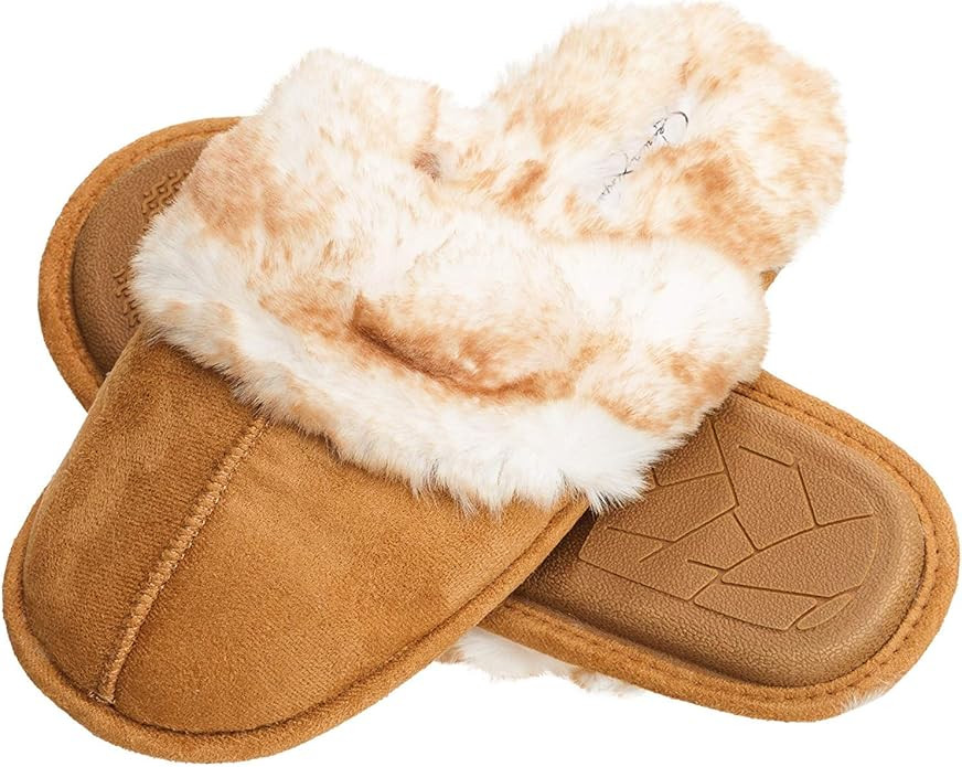 Jessica Simpson Women's Comfy Faux Fur House Slipper Scuff Memory Foam Slip on Anti-skid Sole | Amazon (US)