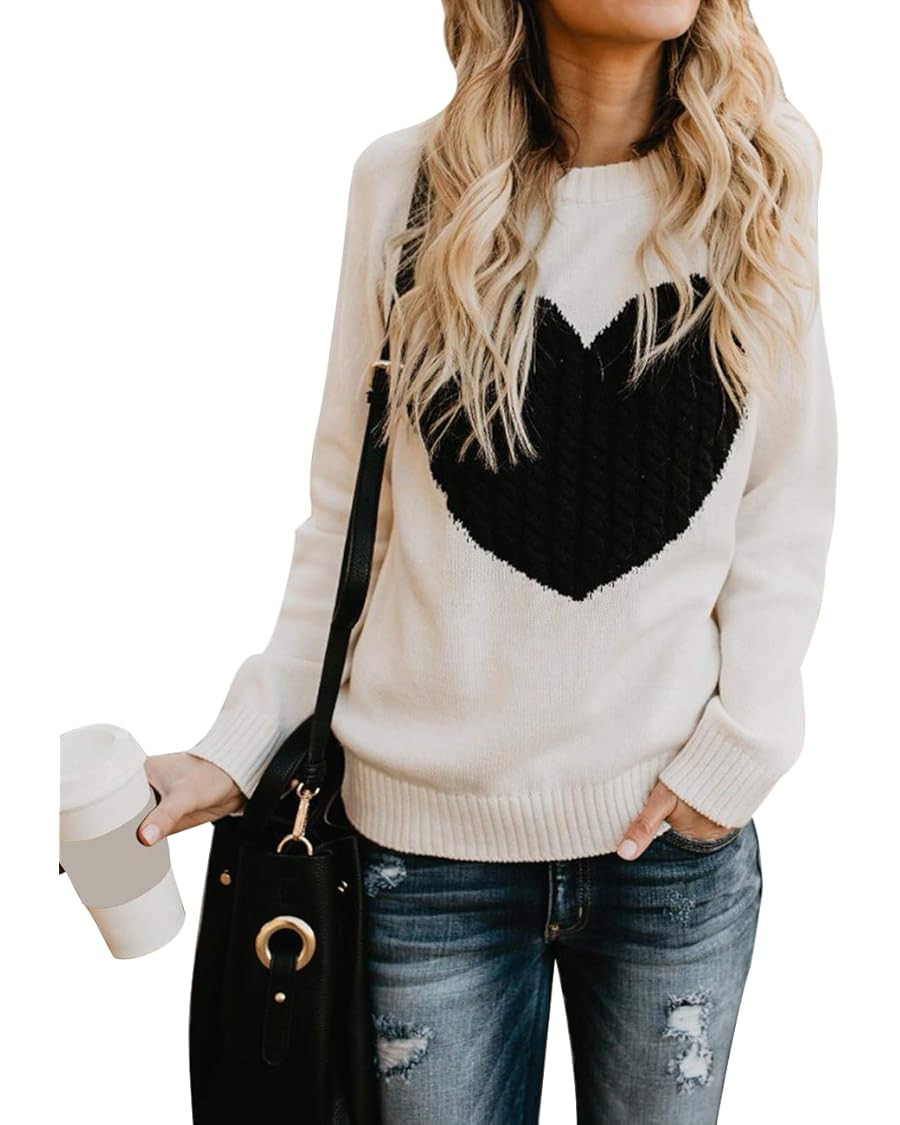 Alsol Lamesa Women's Cute Heart Sweater Long Sleeve Crewneck Pullover Ribbed Knit Casual Sweaters | Amazon (US)