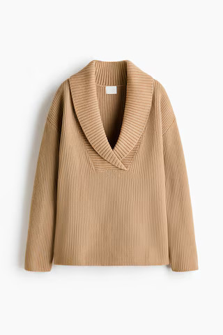 H & M - Rib-knit shawl-collar jumper - Beige | H&M (US + CA)
