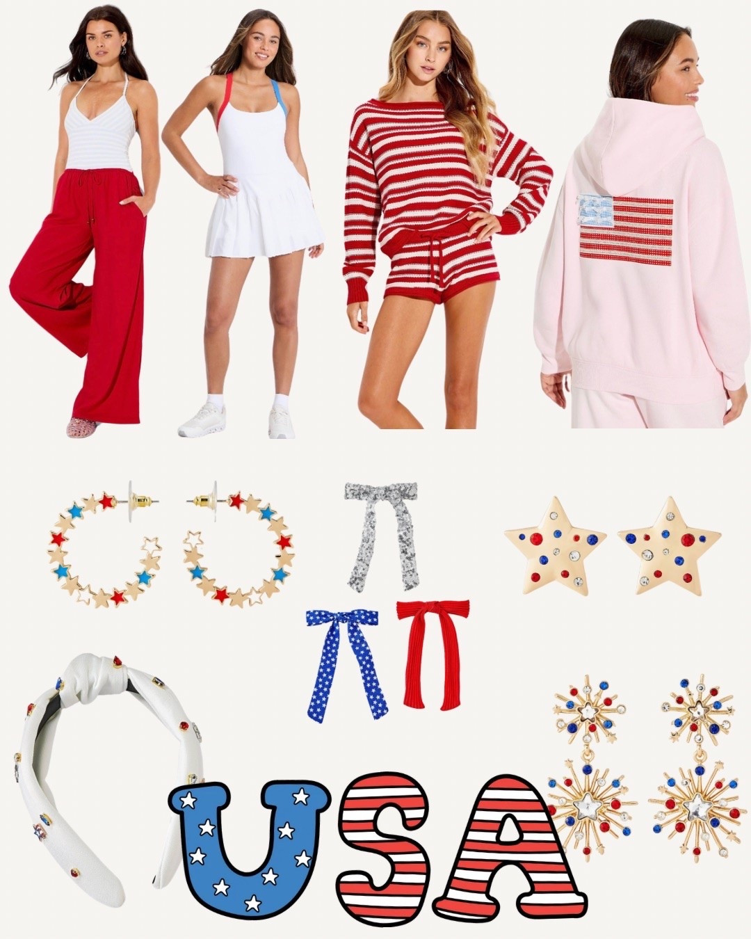 Fourth of July, 4th of July, USA, white dress, red white and blue, American flag, summer dress, red wide leg pants. American flag sweatshirt, target style, red and white striped sweater set and shorts. Headband, earrings

#LTKSeasonal #LTKmomlife #LTKBeauty