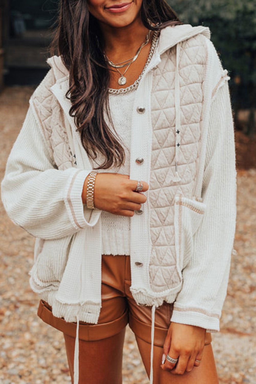 Beige Quilted Textured Patchwork Hooded Jacket | Shewin